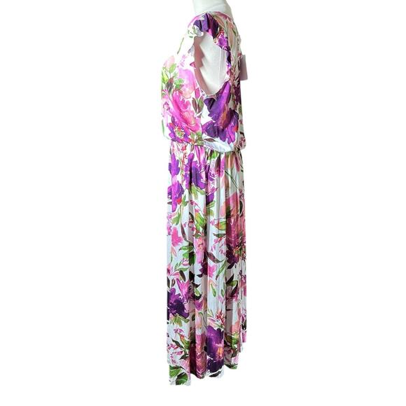 NEW Lascana Flutter Sleeve Flowy Viscose Midi Dress White Purple Pink Floral 8 - Picture 6 of 13